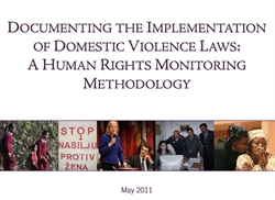 [ai] A presentation slide titled "Documenting the Implementation of Domestic Violence Laws: A Human Rights Monitoring Methodology" featuring images of people in discussion and protest signs, dated May 2011.